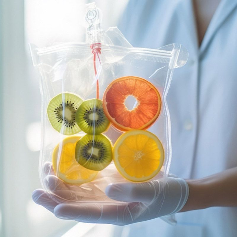 Person holding an IV bag of fruit.