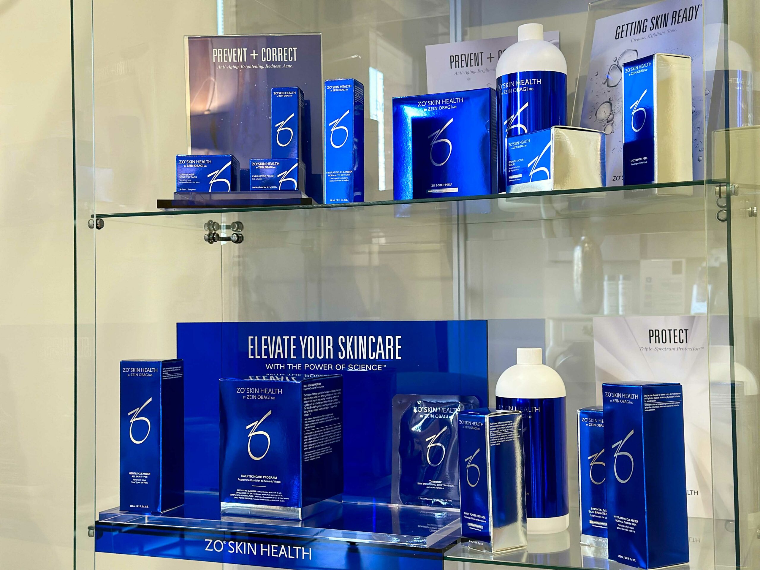 ZO products in a display case.