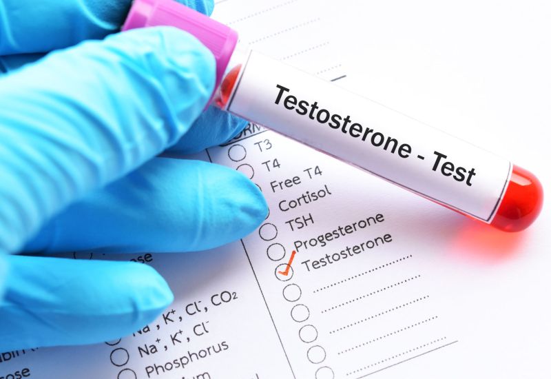Lab test tube labeled: Testosterone Test.