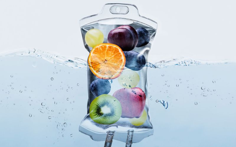 Concept image of fruit in an IV bag for wellness.