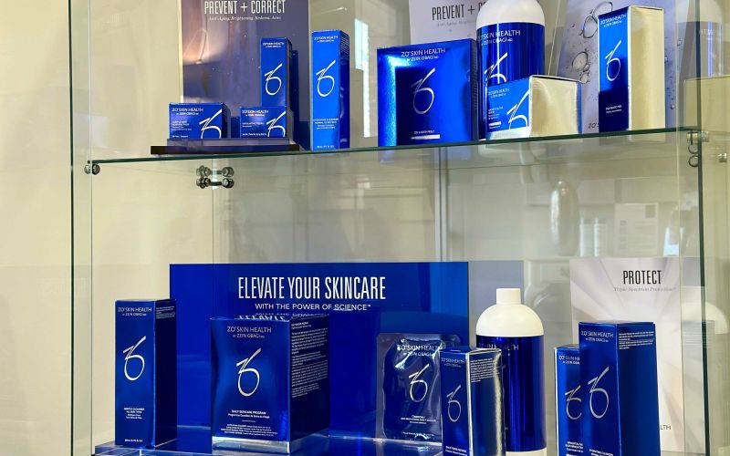 ZO products in a display case.